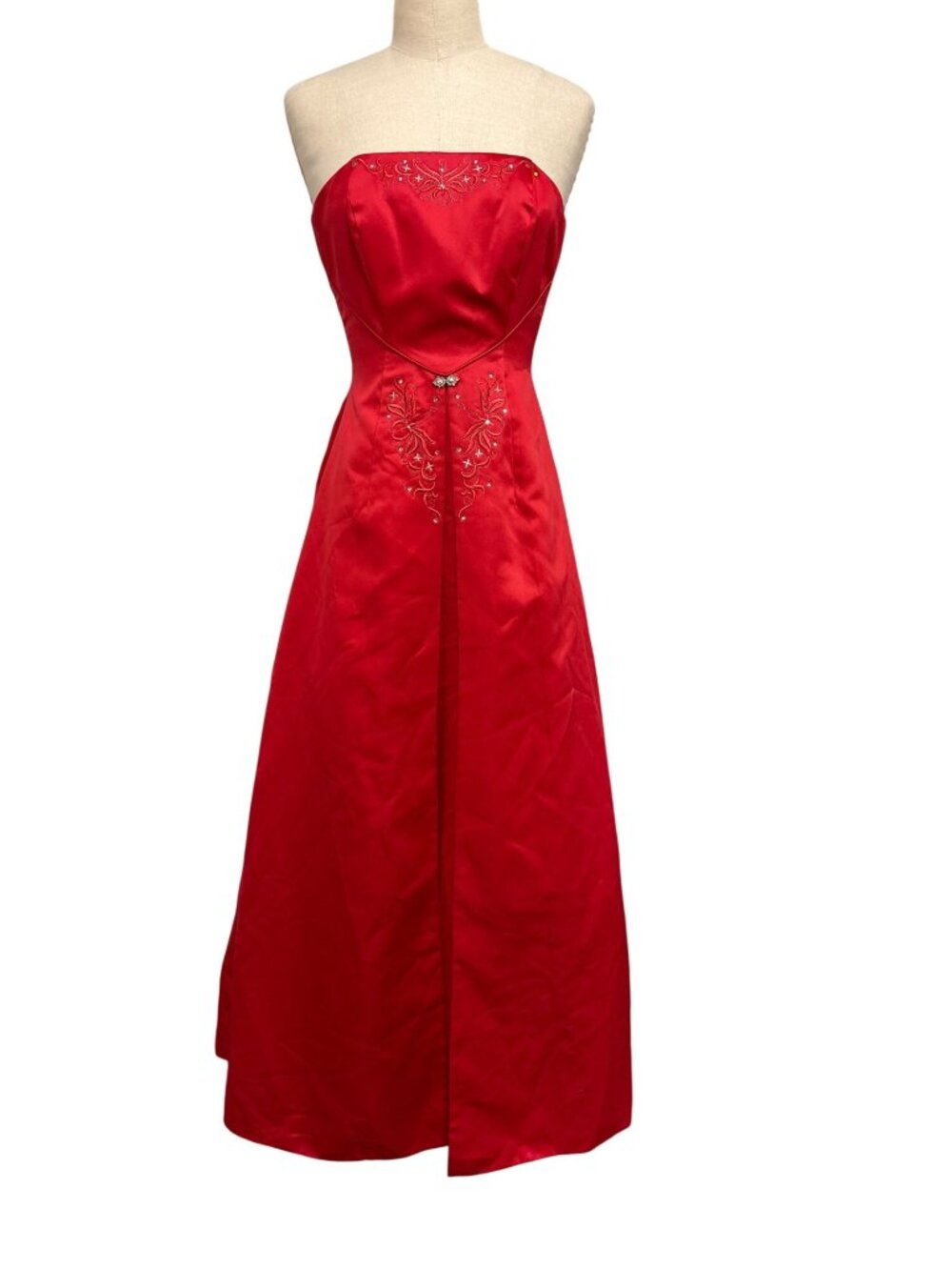 Vintage 90s Y2K Morgan and Co. Red Satin Strapless Gown | Beaded Basque Waist Op
